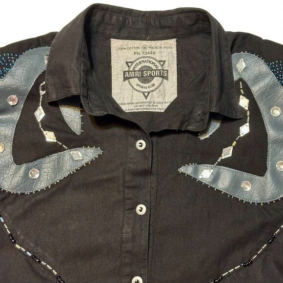 Vintage AMRI Women's Black Embellished Western Shirt Sz Medium Rhinestones Rodeo - Picture 4 of 9